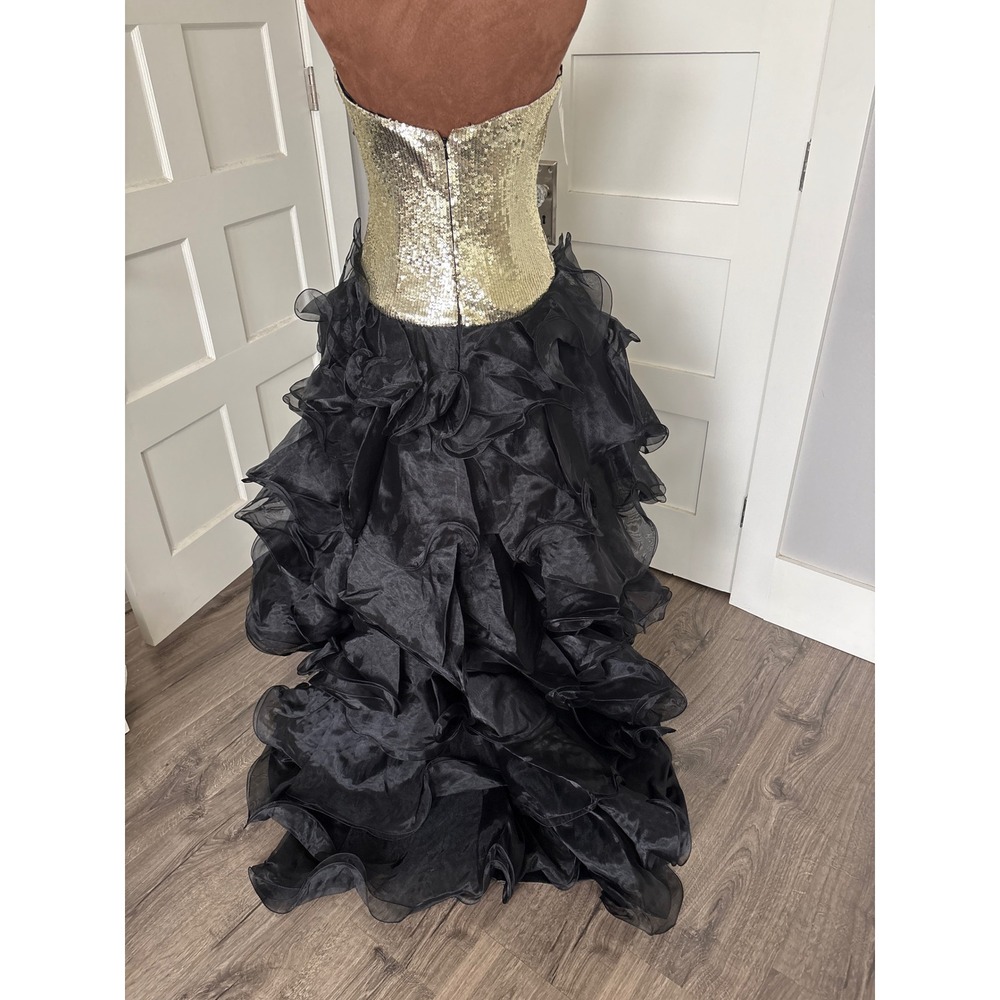 Vintage y2k PANOPLY Gold Sequin Strapless Black Ruffle High Low Gown Size 6 NWT - Picture 7 of 12